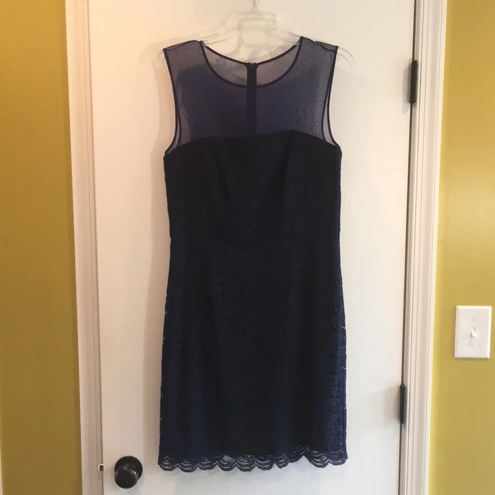 DVF navy blue lace Nisha dress with sheer navy top. - Picture 2 of 16
